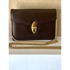 Vintage Brown Leather Crossbody Clutch Gold Chain Small Evening Bag